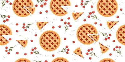 Seamless pattern of whole and pieces of pies with jam and berries on a white background. Food pastry pie background, illustration vector