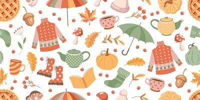 Autumn elements seamless pattern, cute hand drawn seasonal objects. Fall season cozy elements background. Illustration in flat style vector