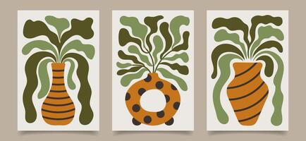 Set of wall floral retro posters. Collection of abstract tapestries in soft colors. vector