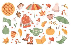 Autumn elements set, cute hand drawn seasonal objects. Fall season cozy elements clipart bundle. Illustration in flat style vector