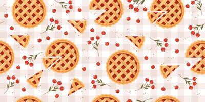 Seamless pattern of whole and pieces of pies with jam and berries on a checkered background. Food pastry pie background, illustration vector