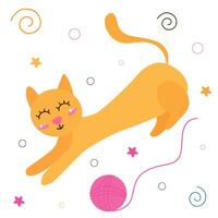 Cute kawaii kitten cat redhead in jumping pose with ball of thread, isolated on white background. vector