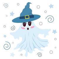 Cute ghost with big eyes kawaii and a witch hat, perfect for Halloween designs. Ideal for decorating invitations, creating Halloween-themed patterns, and adding a playful touch to seasonal projects. vector