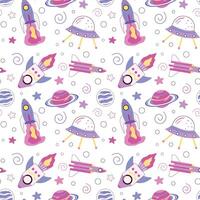 Seamless pattern featuring rockets, UFOs, planets, and stars in a playful, colorful design. Ideal for children's textiles, wallpaper, and space themed products, adding a fun and whimsical touch. vector