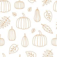 Outline fall pumpkins seamless pattern. Autumn vegetable harvest. Linear forest leaves. Line art, contour, sketch. Coloring page. background, backdrop, digital paper. vector