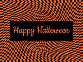 Happy Halloween checkered board card, banner, poster. Orange and black abstract geometric background with text. Fall aesthetic. Autumn horizontal backdrop. vector