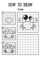 Mini-game for children. How to draw a sea character. Draw a crab from the pattern. Black and white illustration. vector