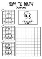 Mini game for children. How to draw a sea character. Draw an octopus pattern. Black and white illustration. vector