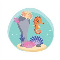seahorse. Isolated octopus on a white background, sea bottom. Color illustration in the style of cartoon. Sea bottom with algae, shells and corals vector