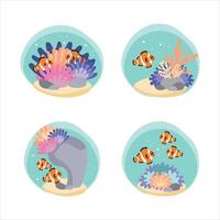 Sea-themed set, coral reef and anemone with fish on the seabed. Cartoon characters for children books. vector