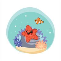 Star. Isolated starfish on white background, bottom of the sea. Cartoon-style color illustration. Seabed with algae, shells and corals vector