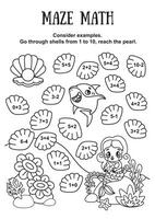 Mini-game for children. Math maze. Solve math example, go through the maze. Black and white illustration. vector