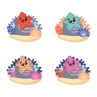 Star set. Isolated starfish on white background, bottom of the sea. Cartoon-style color illustration. Seabed with algae, shells and corals vector