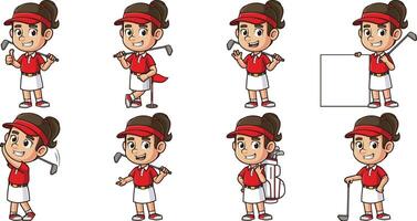 Cartoon female golf player in various poses. Each image on a separate layer. vector
