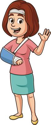 Injured woman looking happy cartoon drawing