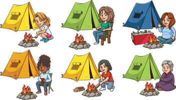 Women camping outdoors, having a good time. Each image on a separate layer. vector