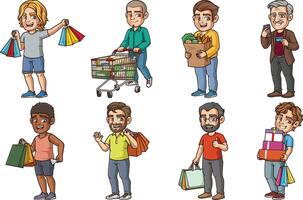 Men shopping, carrying bags, carts, groceries, and other purchases. Each image on a separate layer. vector