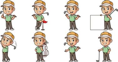 Cartoon male golf player in various poses. Each image on a separate layer. vector