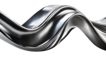 Abstract fluid metal bent form. Metallic shiny curved wave in motion. Cut out design element steel texture effect. png