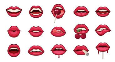 The Cartoon Pink Lips Set. Multiple Expression vector