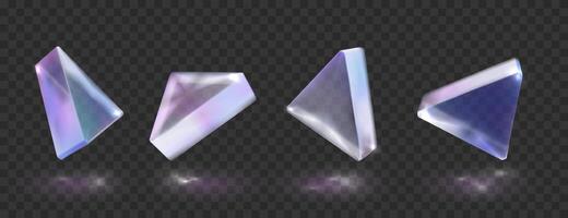 Glass or crystal triangle in different angle view. Shape with holographic gradient texture, glossy geometric object isolated on transparent black background. vector