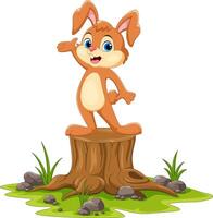 Cute rabbit cartoon standing on a tree trunk vector