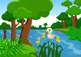 Mother duck swims with her three little cute ducklings in the lake vector