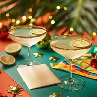 Two champagne glasses with a gold rim and a lime wedge on the rim are sitting on a table. There is a gold envelope and confetti on the table. The background is green and orange with a palm leaf and st photo