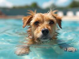 A cute dog is swimming in a pool on a hot summer day. photo