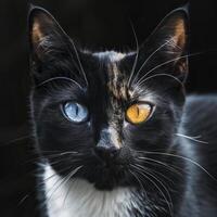 A black cat with one blue and one yellow eye photo