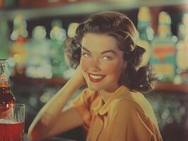 A beautiful young woman in a yellow blouse smiles at the camera while leaning on a bar counter with a bottle and glass of soda. photo