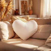 A white heart-shaped pillow on a couch. The pillow is made of a soft, plush material and has a fluffy, cloud-like appearance. photo