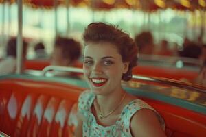 A beautiful woman with brown hair and red lipstick smiles in front of a vintage carnival backdrop. photo