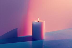A single candle flame flickers in the corner of a room. The walls and floor are bathed in soft, pastel hues of pink, blue, and purple. photo