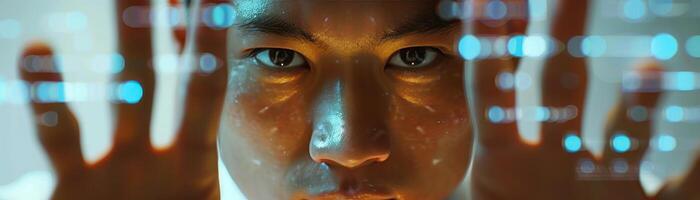 Portrait of a young Asian woman with glowing blue lights and code on her face and hands. photo