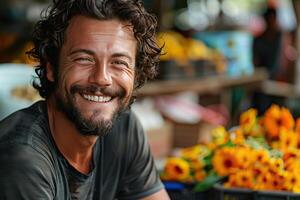 A handsome man with curly hair and a beard is smiling. He is wearing a black shirt and is standing in front of a wooden fence. There are flowers in front of him. photo