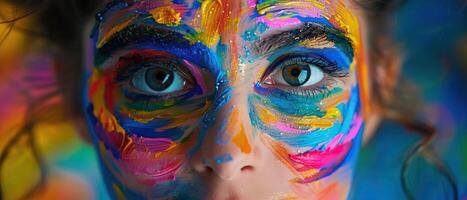 A close-up of a woman's face with bright colorful face paint. photo