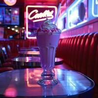 A milkshake with whipped cream and sprinkles sits on a table in a retro-style diner. photo