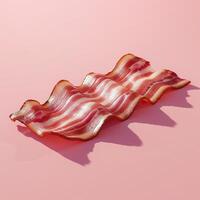 A close up of a single strip of bacon against a pink background. photo