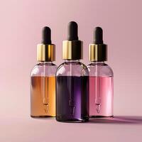 3 glass dropper bottles of essential oil. Left bottle is orange, middle is purple, right is pink. On a pink background. photo