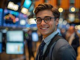 A young man in a suit and tie is smiling at the camera. He is standing in a busy trading room, and there are monitors with stock prices in the background. photo