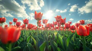 Photo of red tulips in a field with the sun shining through the clouds.