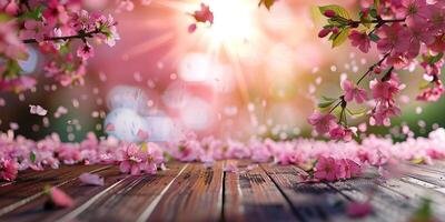 Pink cherry blossom petals falling on a wooden table with a blurred background of a bright sky and more cherry blossoms. photo