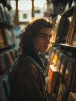 A young man with long brown hair and light eyes stands in a record store, looking at the records. He is wearing a brown leather jacket. photo