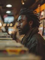 A young man with dreadlocks is looking through a collection of records in a store. photo