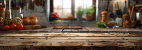 Rustic wooden table with a blurred background of a kitchen with a large window photo