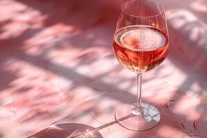 A glass of pink wine on a pink background. photo