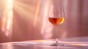 Elegant wine glass with a pink drink on a table with a pink background. photo