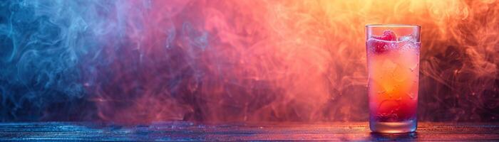 A glass of cocktail with raspberries on a wooden table against a background of red and blue smoke photo