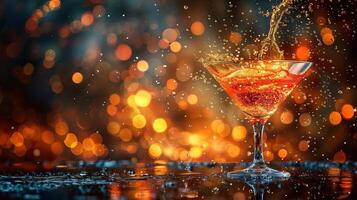 Orange cocktail with splash on dark orange blurred background photo